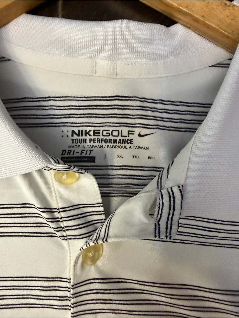 Nike White Dr-Fit Polo with Thin Black Stripes and Purple LSU Logo